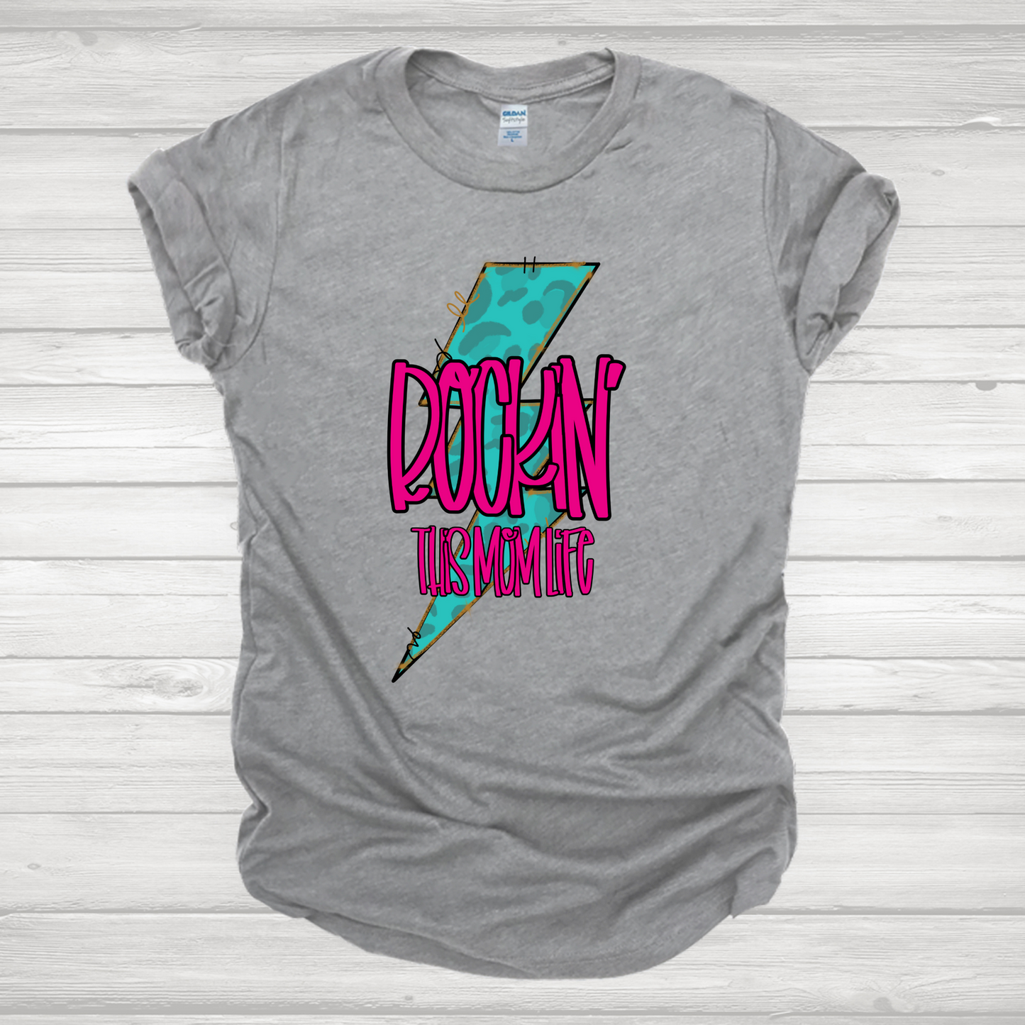 Turq Leopard Bolt-Rockin Mom Life Transfer