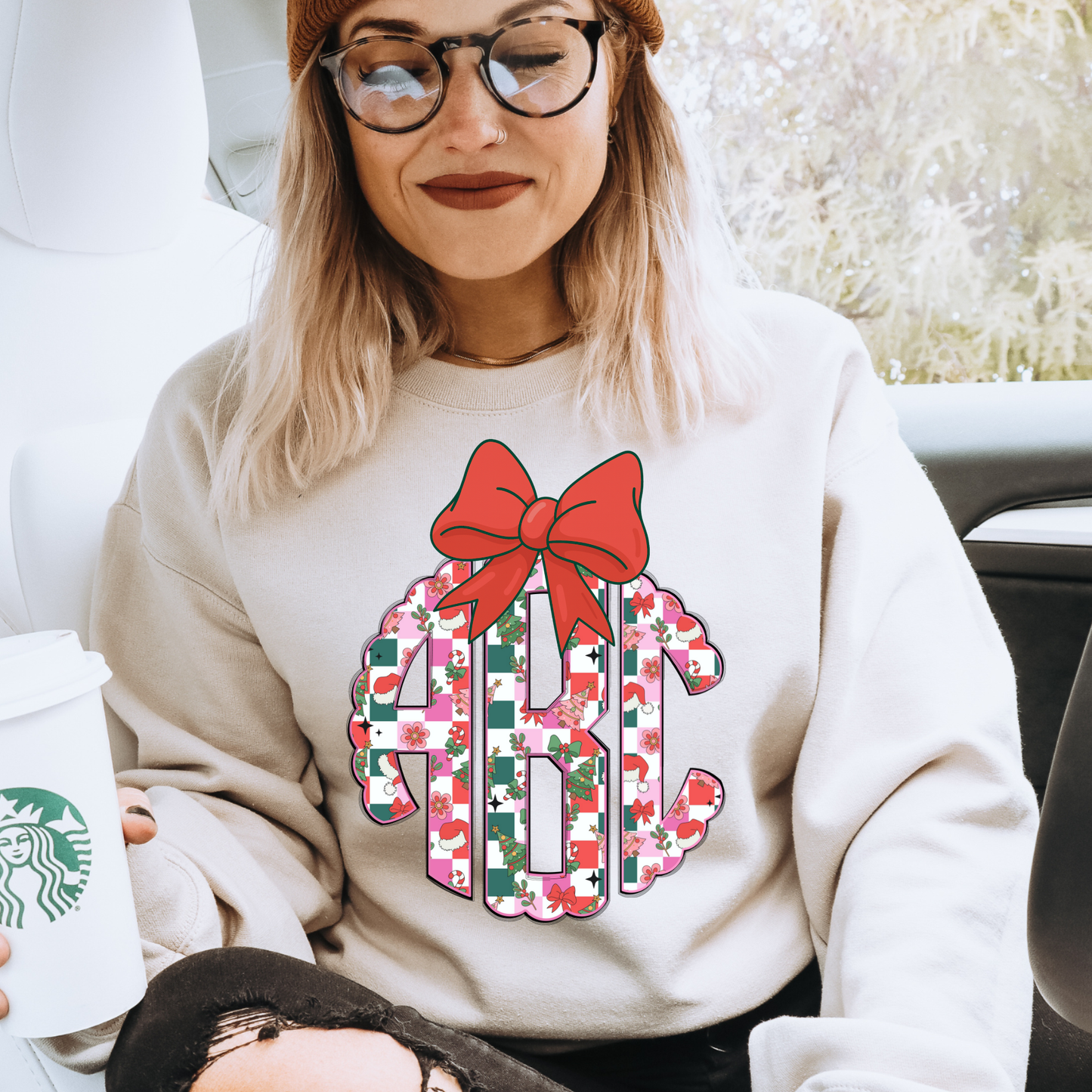 Pink & Green Plaid With Santa Hat- Custom Monogram Transfer