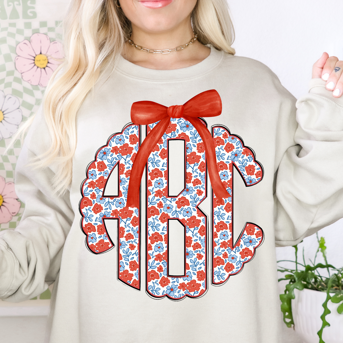 Red & Blue Poppy Flower - Custom Monogram Transfer