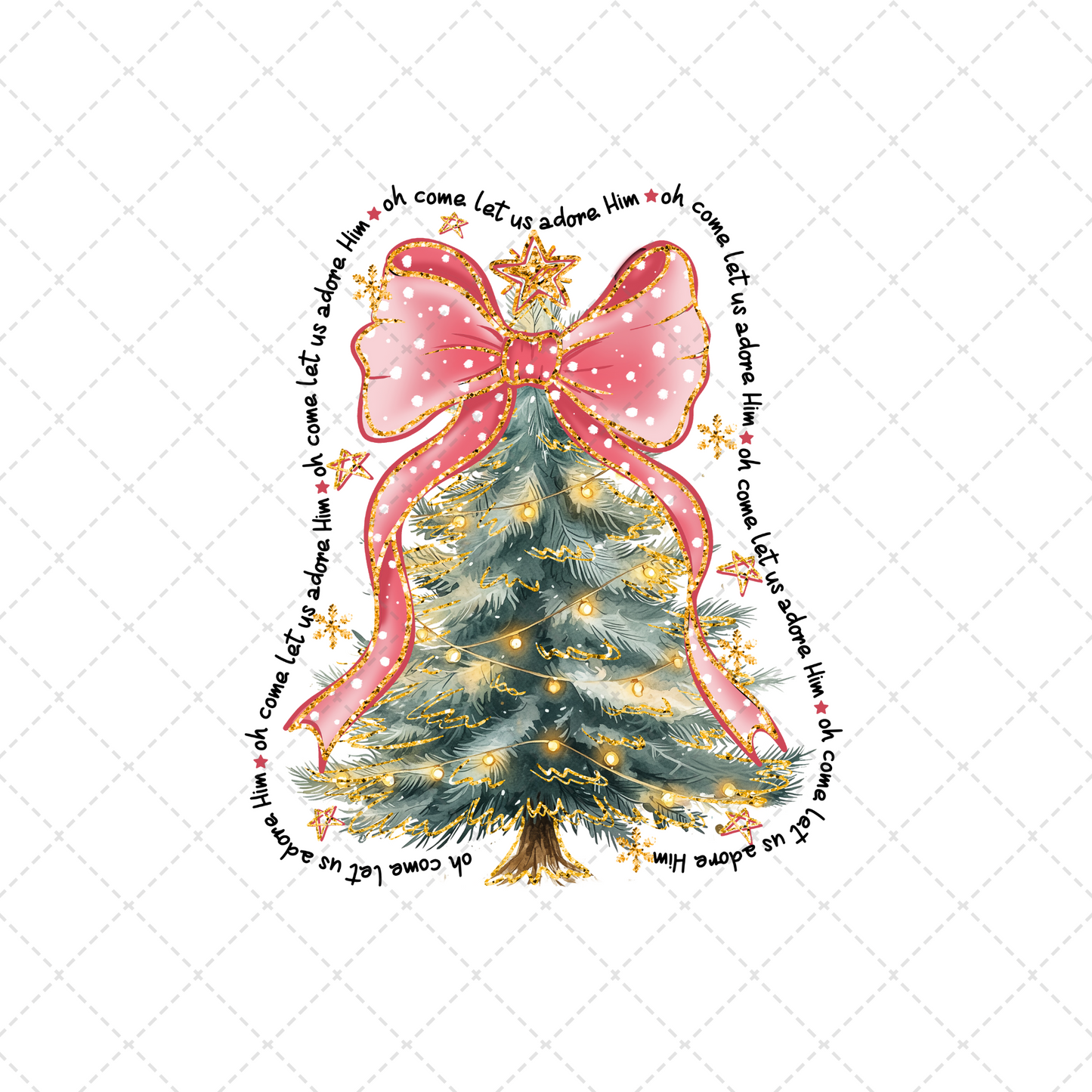 Oh Come Let Us Adore Him Christmas Tree With Bow Transfer