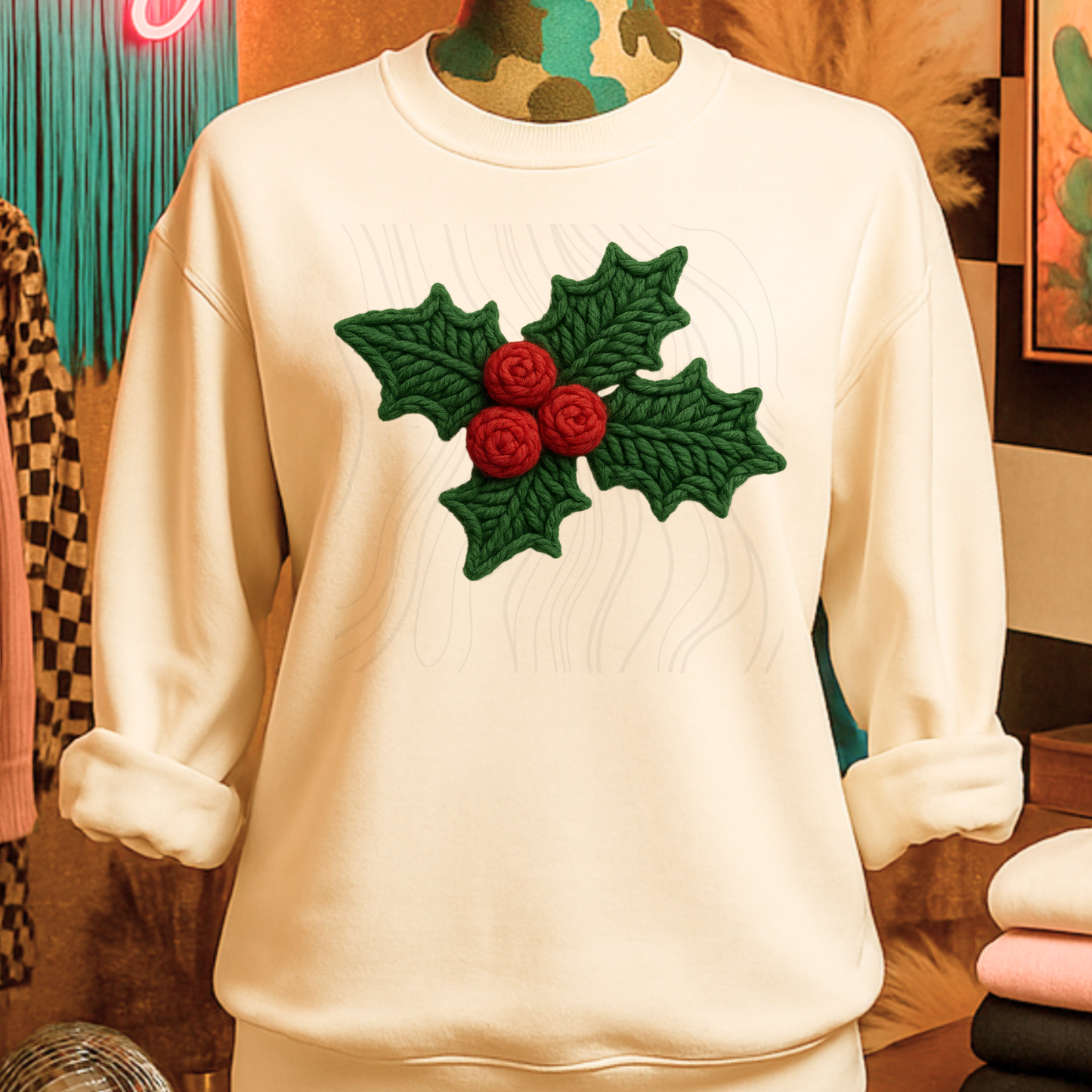 Faux Yarn Holly Transfer