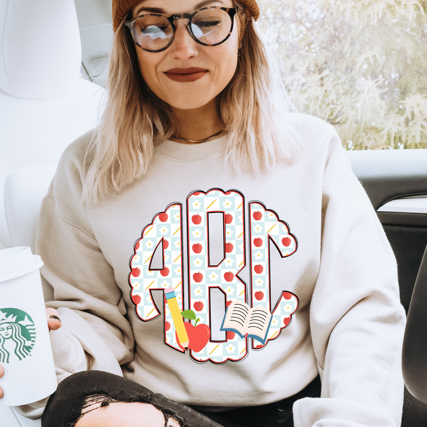 Teacher Apple Pencil Plaid - Custom Monogram Transfer