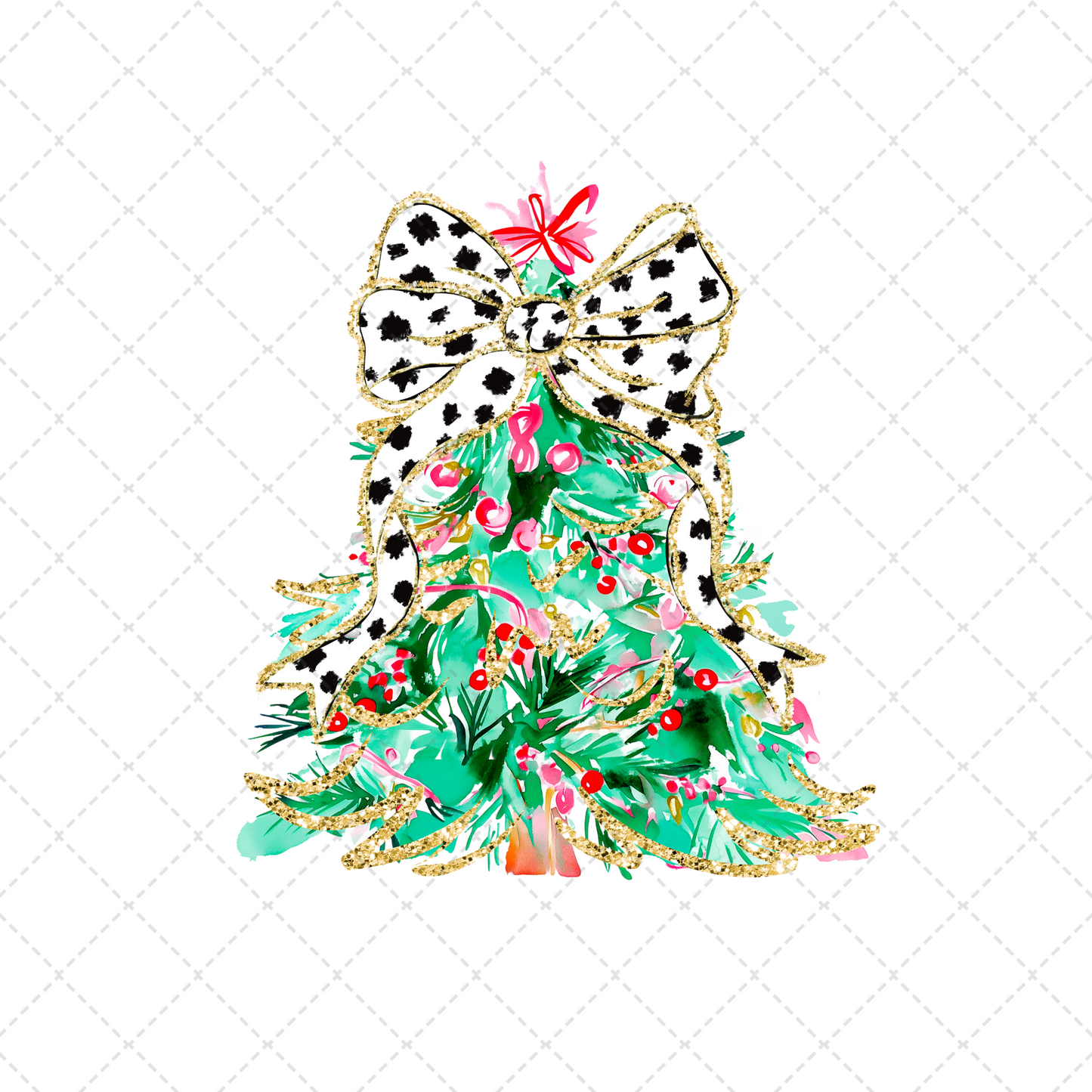 Green Pink And Red Christmas Tree With White And Black Bow Transfer