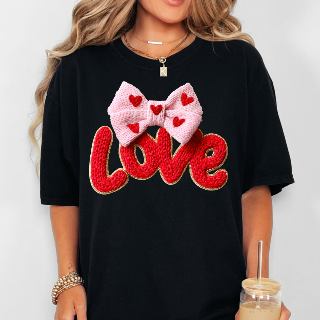 Love Pink Bow Faux Yarn Transfer