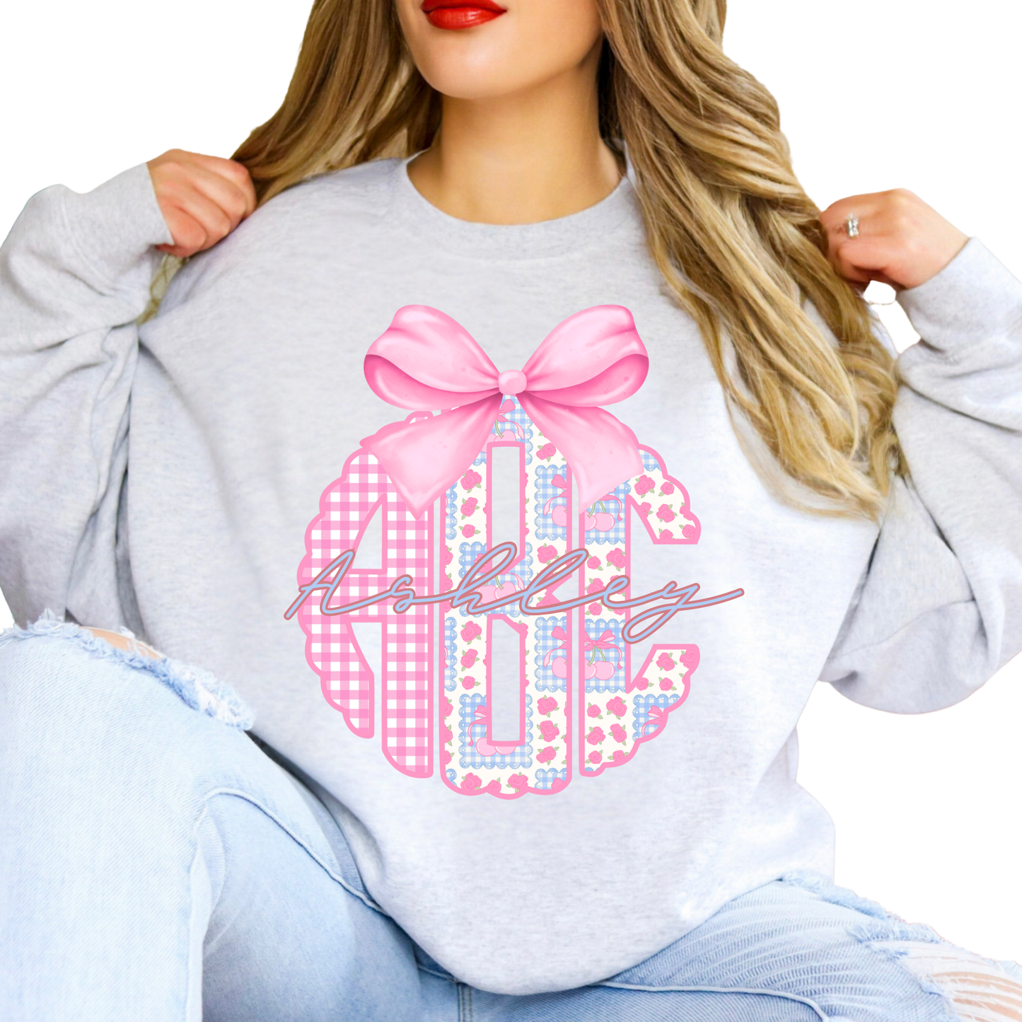 Pink Scalloped Cherry Patchwork - Custom Monogram Transfer