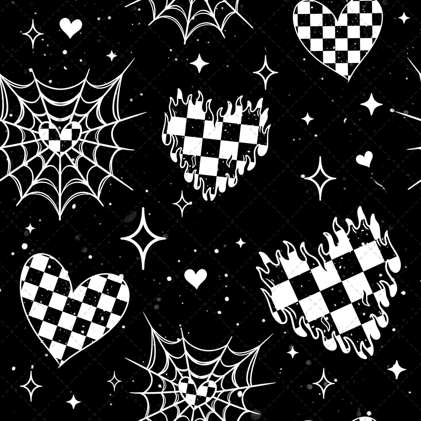 White On Black Checker Flame Hearts Seamless