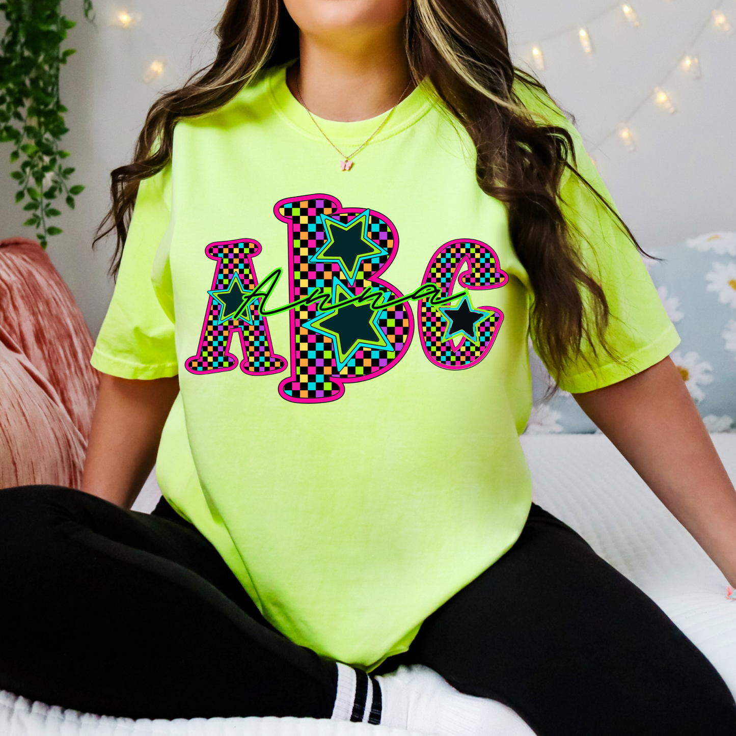 Neon Retro Checkerboard Star - Custom Monogram Transfer