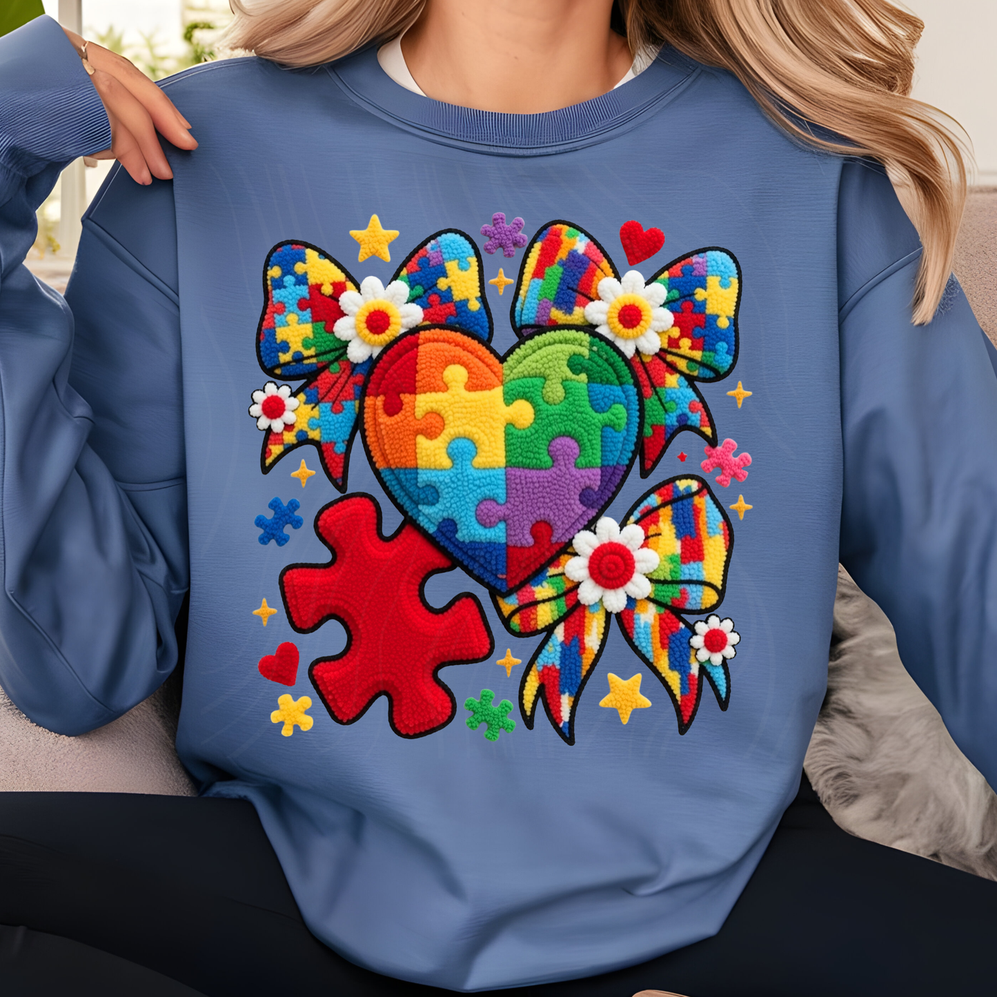 Autism Faux Yarn Heart And Bows Transfer