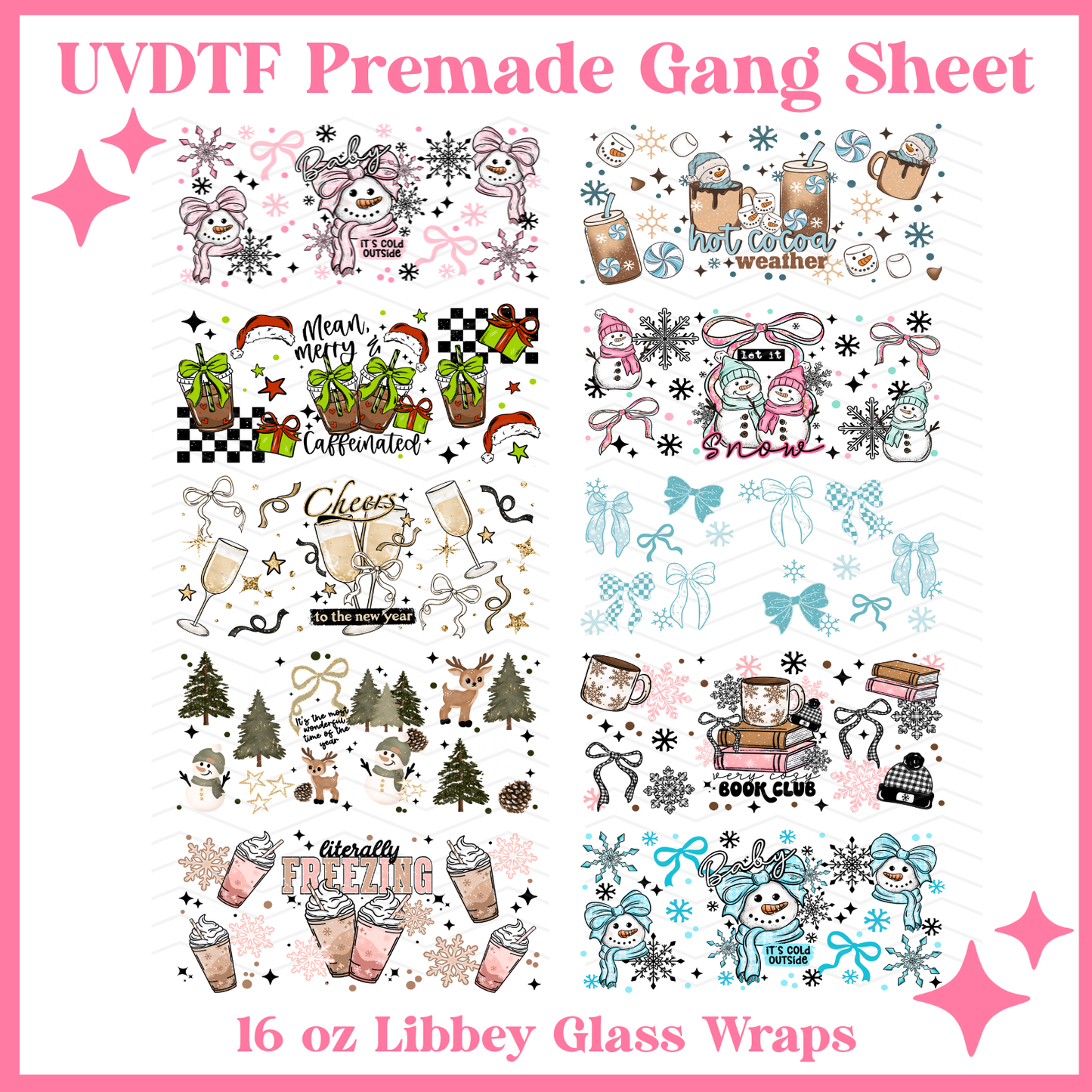 Freezing UVDTF 16oz Libbey Glass Wraps - 22x24 - UVDTF PREMADE GANG SHEET