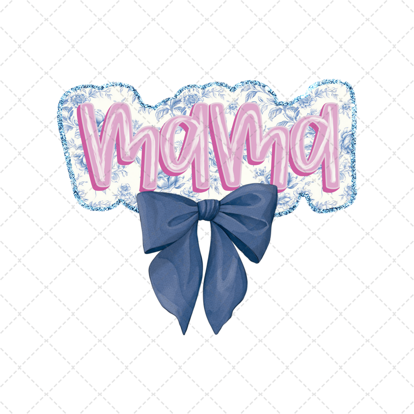 Blue Floral Pink Bow Mama Transfer