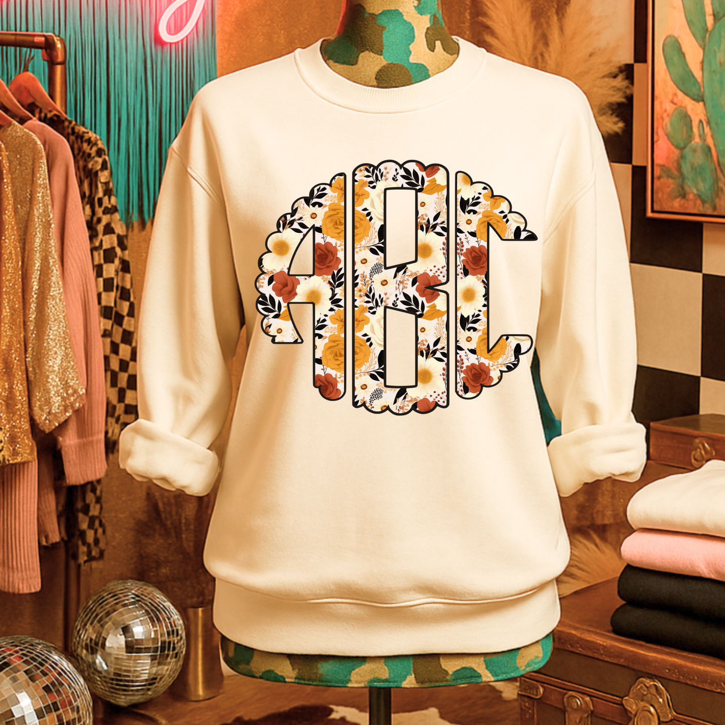 Boho Fall Flowers - Custom Monogram Transfer