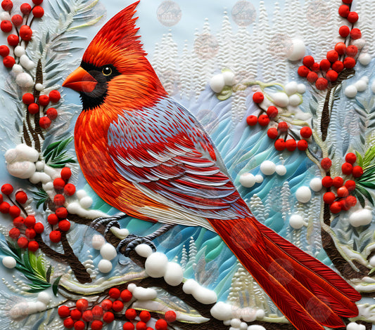 3D Puff Embroidery Winter Cardinal Tumbler Wrap - Sublimation Transfer