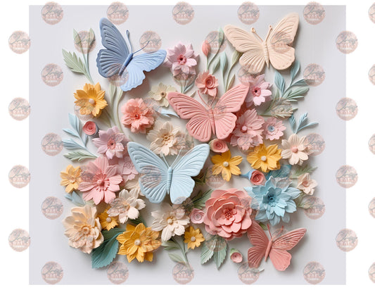3D Pastel Ceramic Flowers And Butterfly Tumbler Wrap