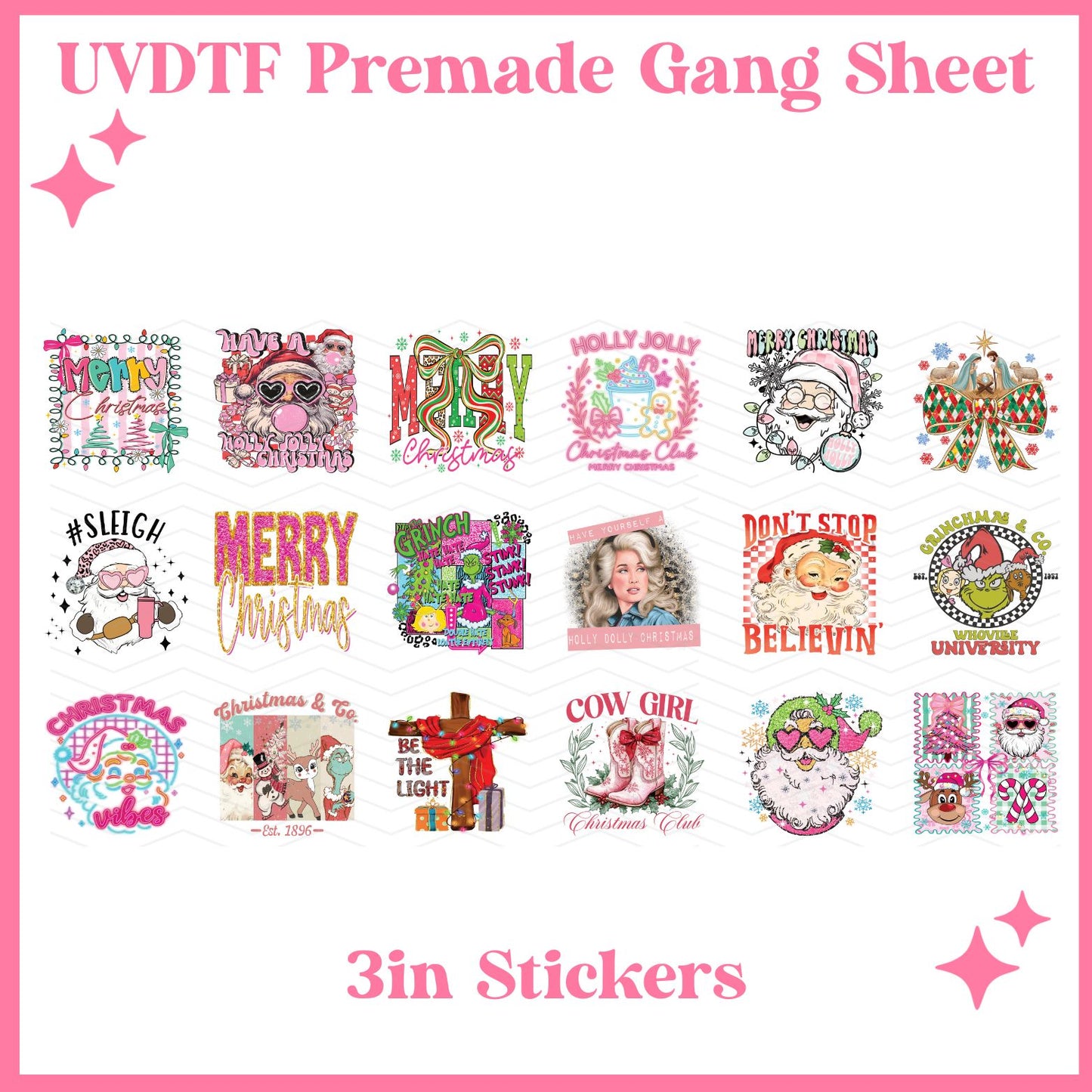 UVDTF 3" Christmas Stickers 22x12 - UVDTF PREMADE GANG SHEET