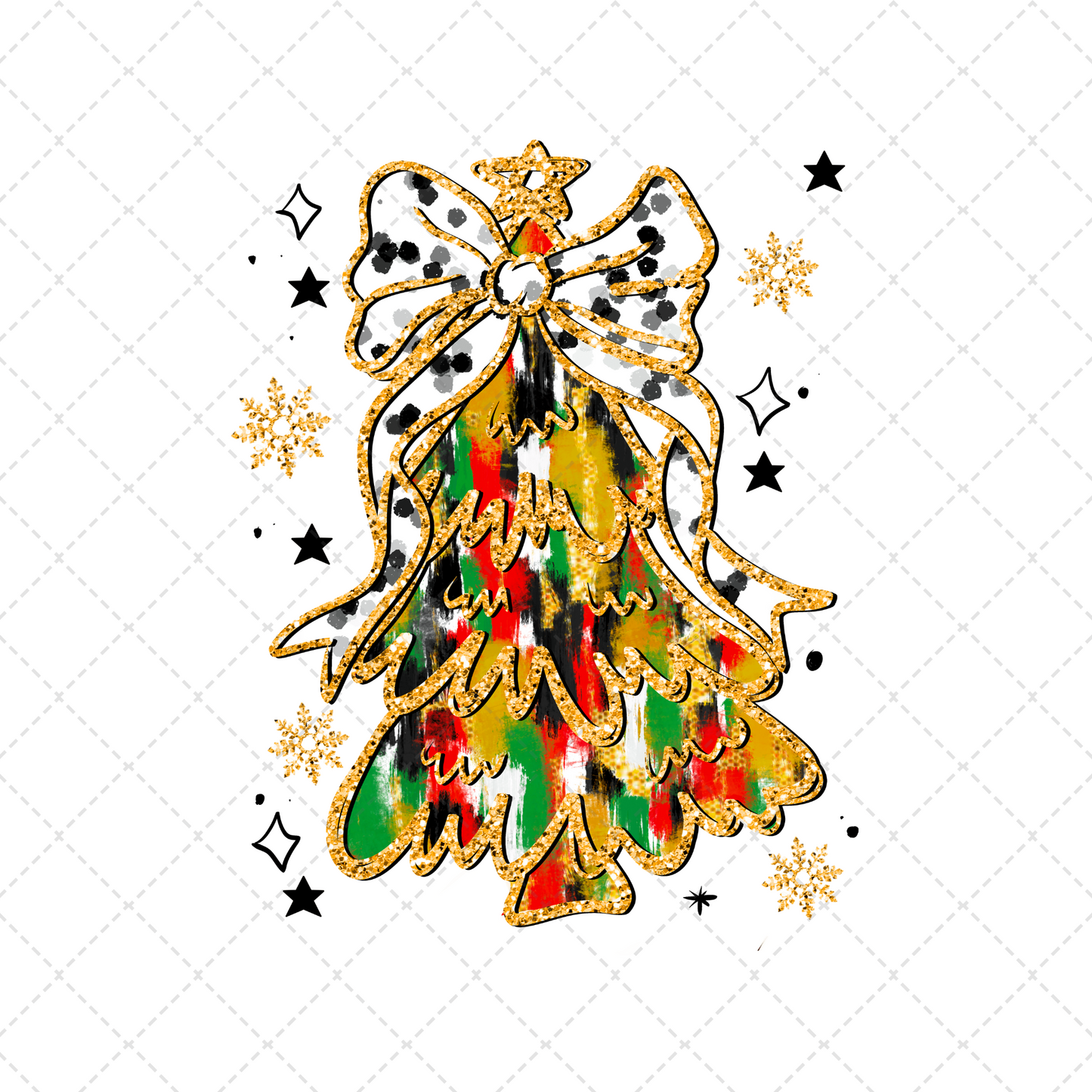 Red And Green Brush Stroke Christmas Tree With Snowflakes Transfer