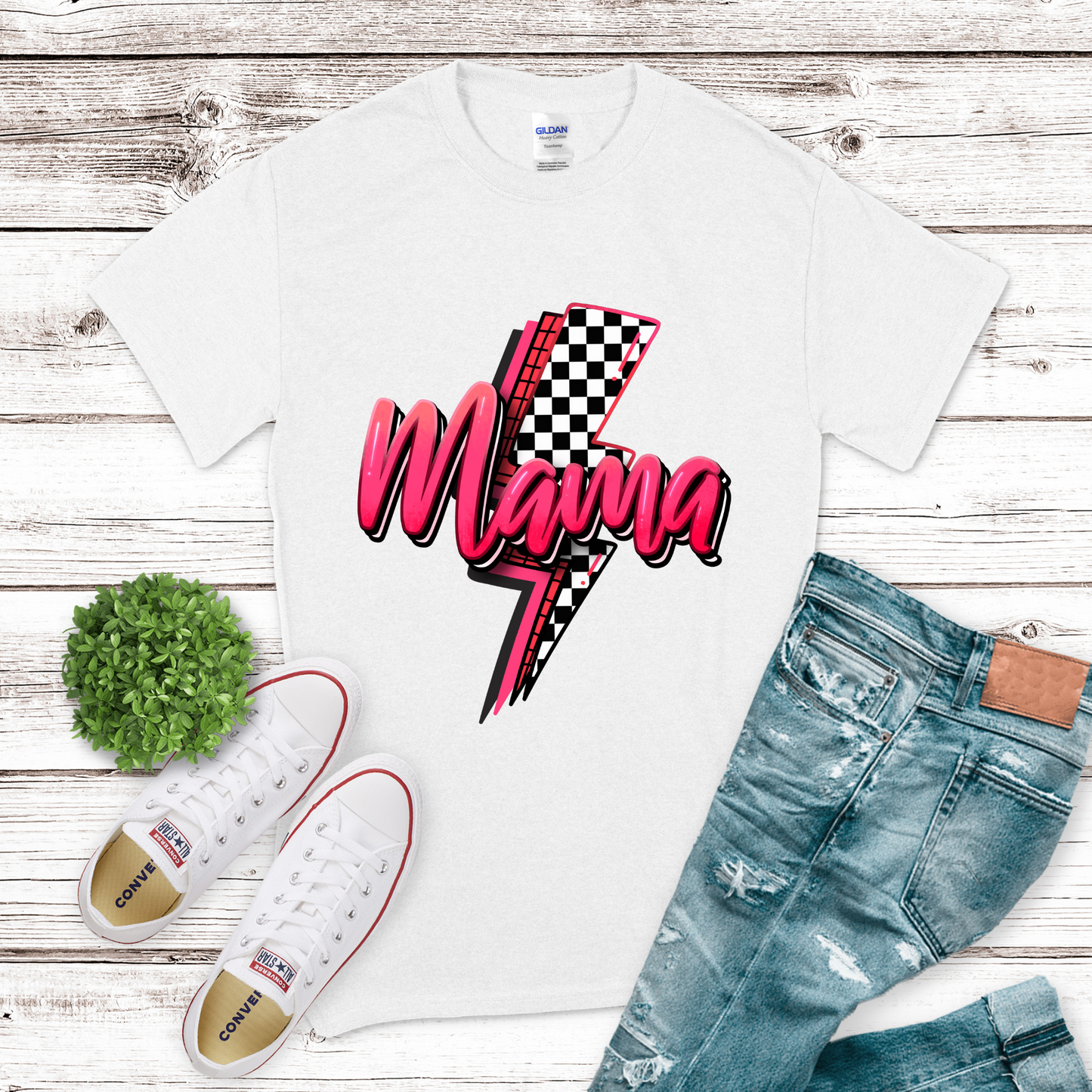 Mama Checkered Bolt Pink Transfer