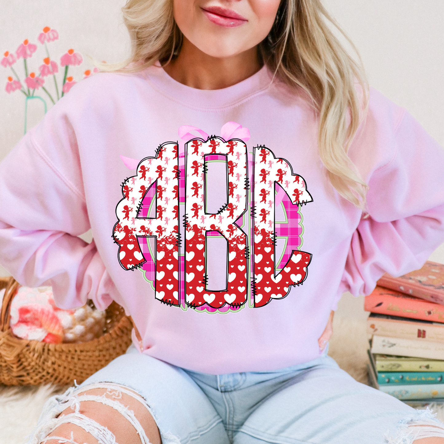 Red & White Cupid and Hearts - Custom Monogram Transfer