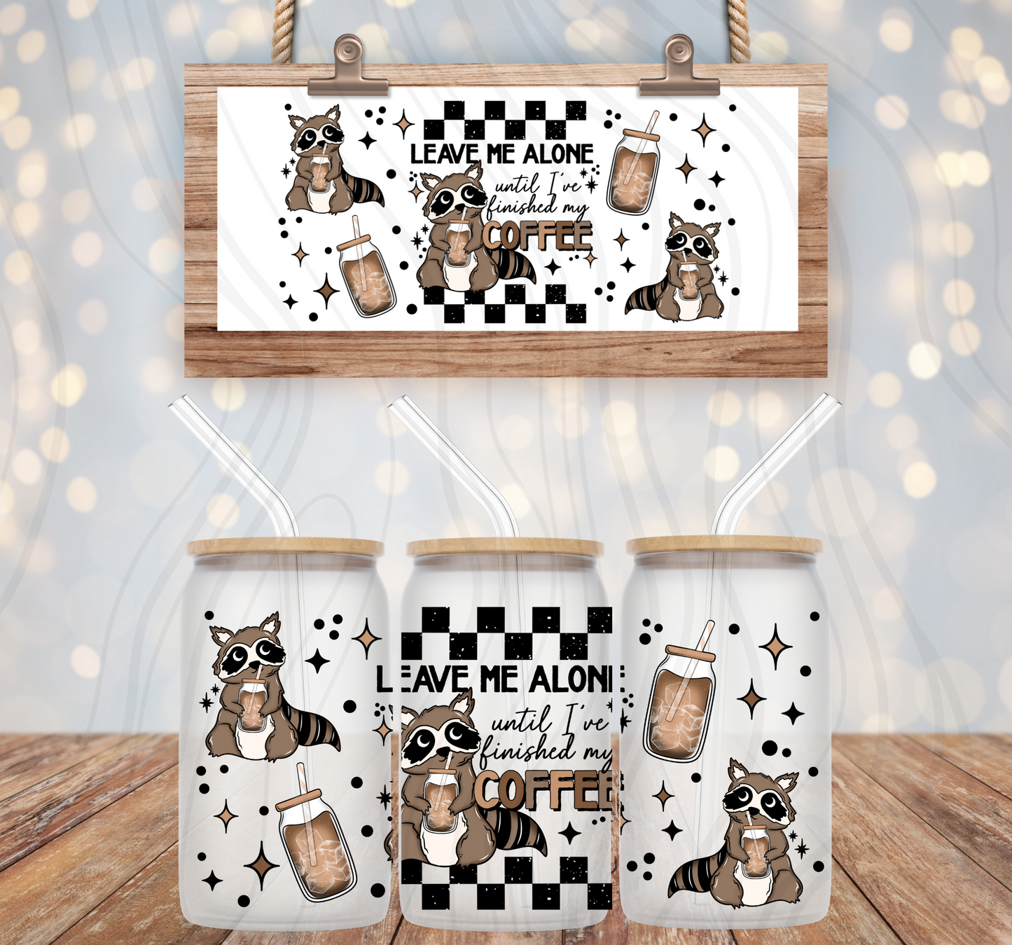 Coffee Raccoon 16oz Libbey Wrap Transfer