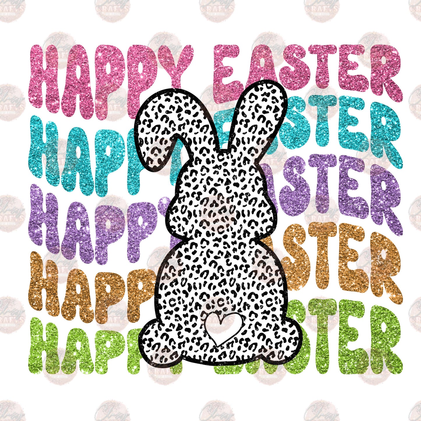 Faux Glitter Happy Easter Leopard Bunny Transfer