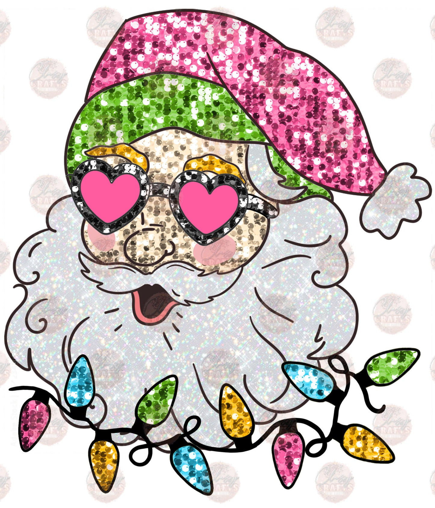 Faux Sequin Pink Santa With Lights Transfer