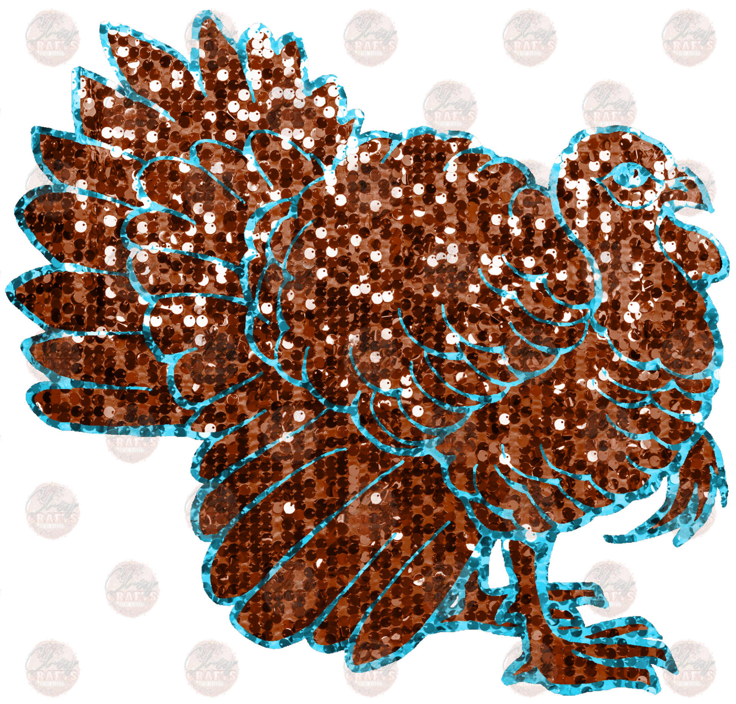 Faux Sequin Teal Outlined Turkey Transfer