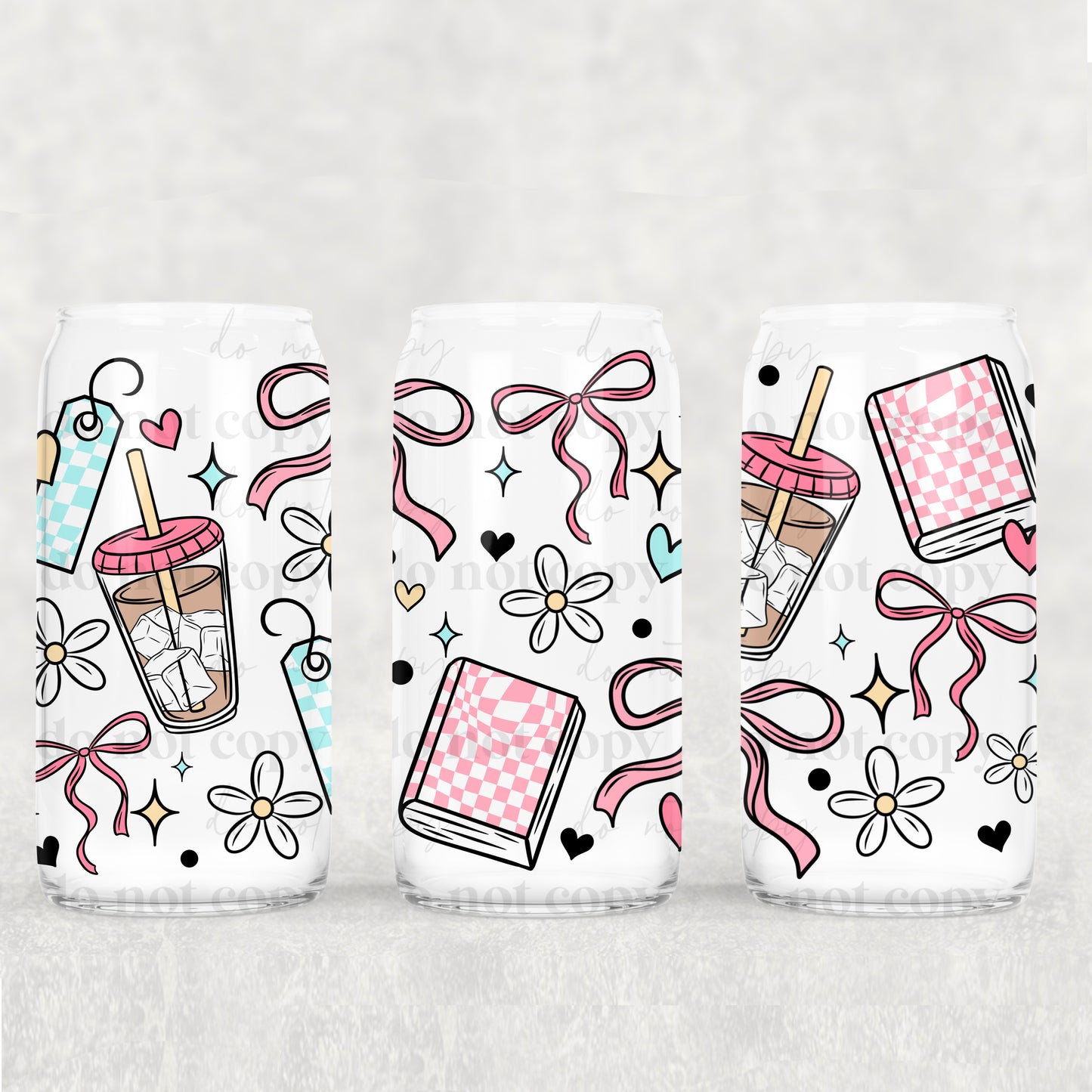 Girly Bow Books 16oz Libbey Wrap Transfer