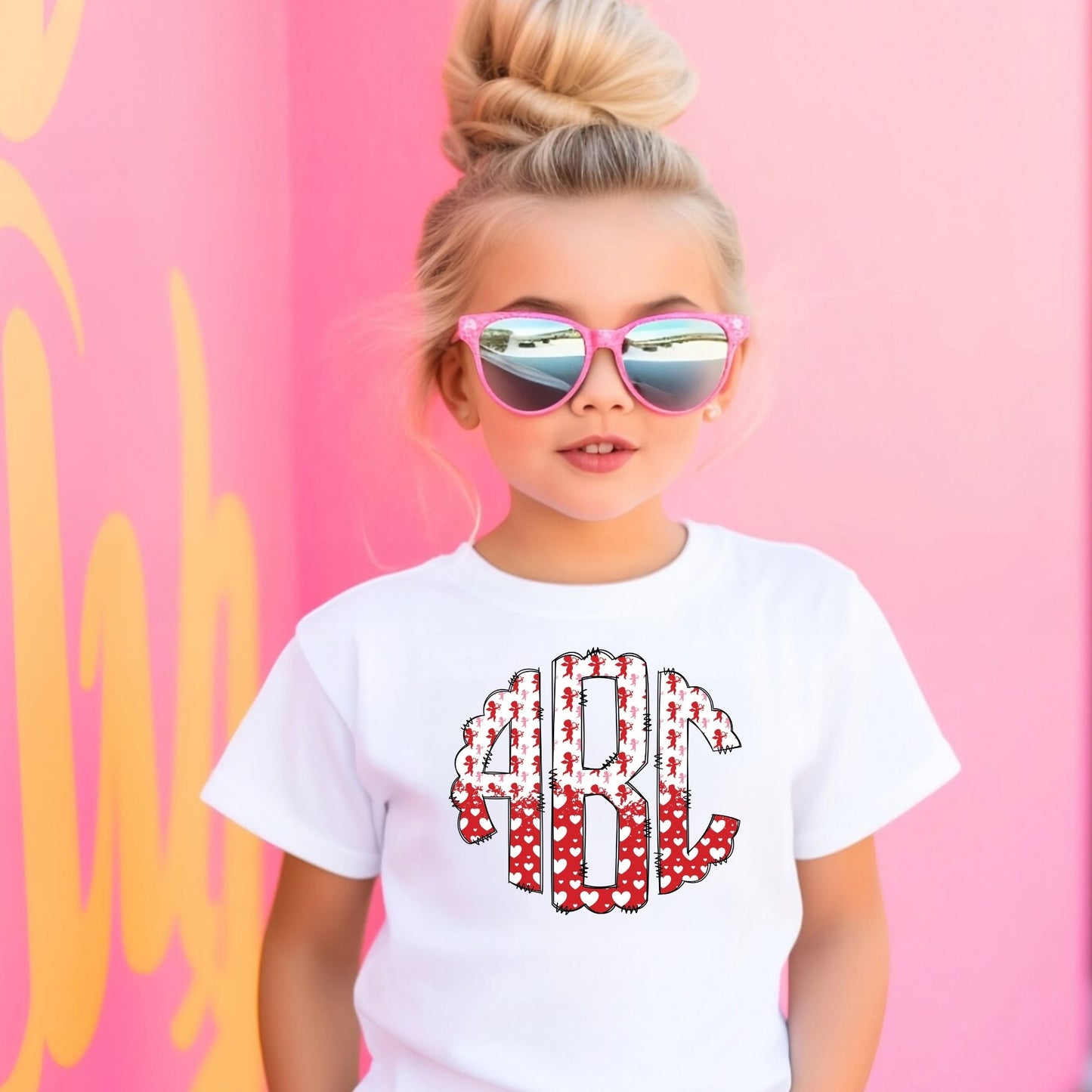 Red & White Cupid and Hearts - Custom Monogram Transfer