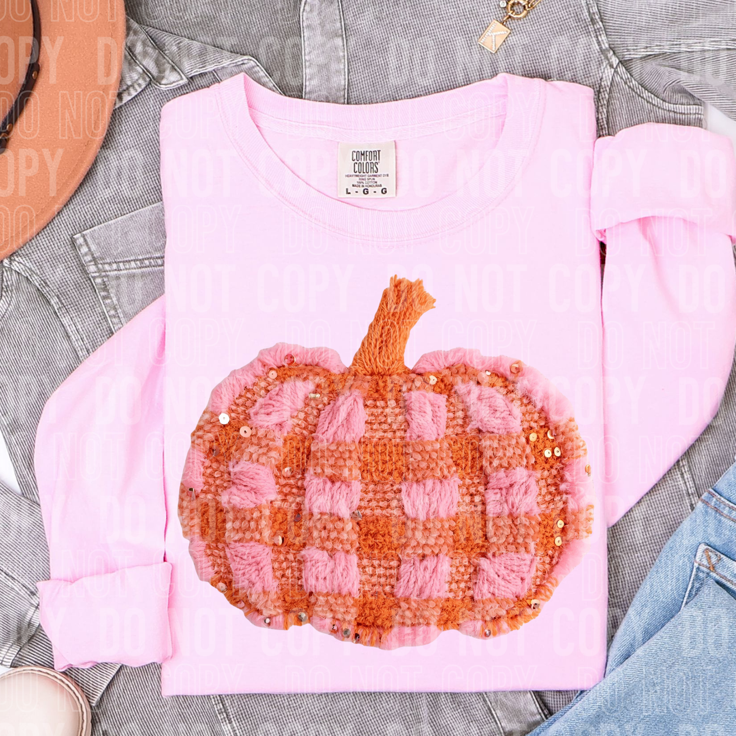PINK AND ORANGE PLAID PUMPKIN FAUX YARN TRANSFER