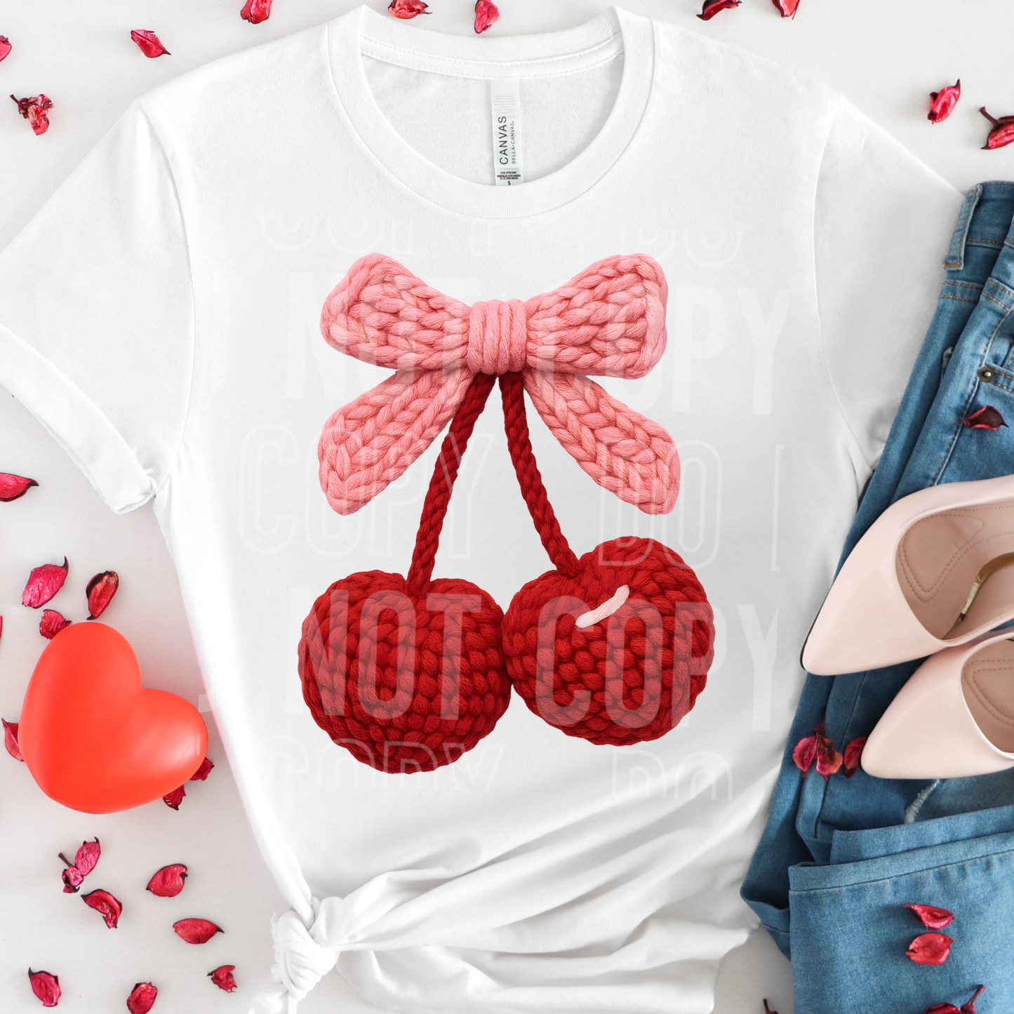 FAUX YARN RED CHERRY WITH BOW TRANSFER