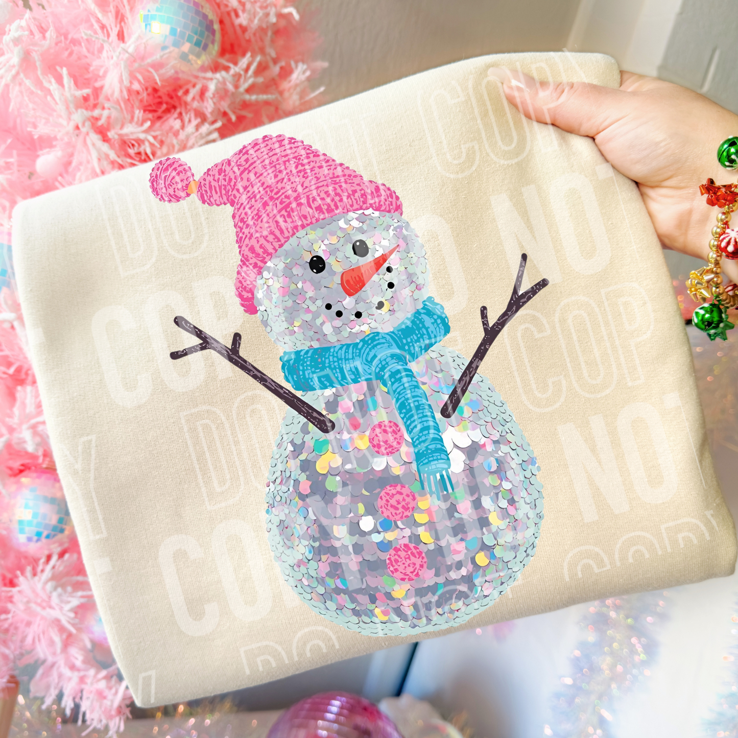 SNOWMAN SEQUIN PINK HAT TRANSFER