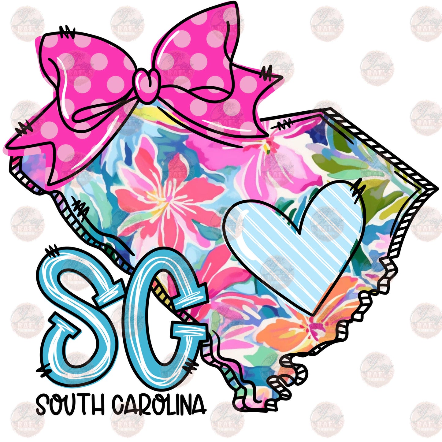 North Carolina And South Carolina Floral State Doodle Transfer