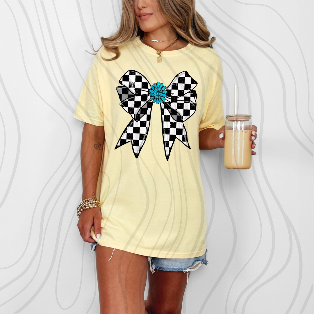 Turq Checkered Bow Transfer