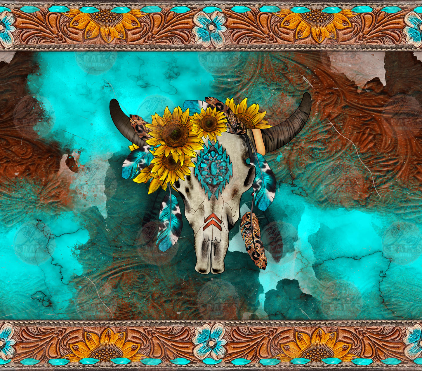 Turquoise Leather Bull Skull Tumbler Wrap