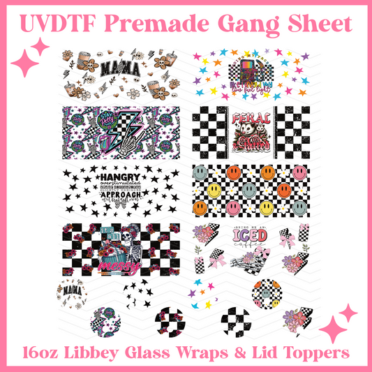 Retro Checkered 16oz Libbey Glass Wraps - 22x24 - UVDTF PREMADE GANG SHEET