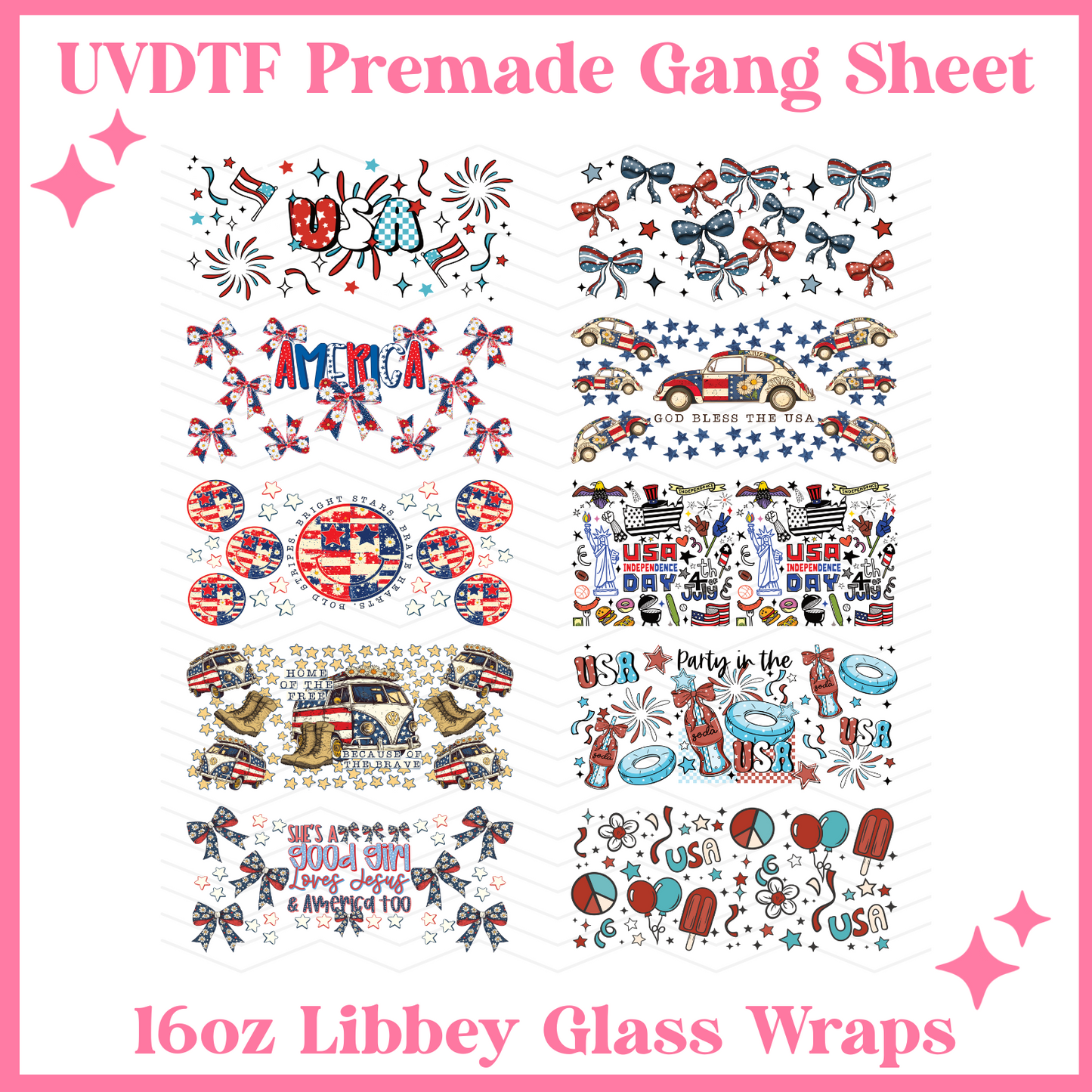 America 16oz Libbey Glass Wraps - 22x24 - UVDTF PREMADE GANG SHEET