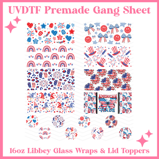 4th Of July 16oz Libbey Glass Wraps - 22x24 - UVDTF PREMADE GANG SHEET