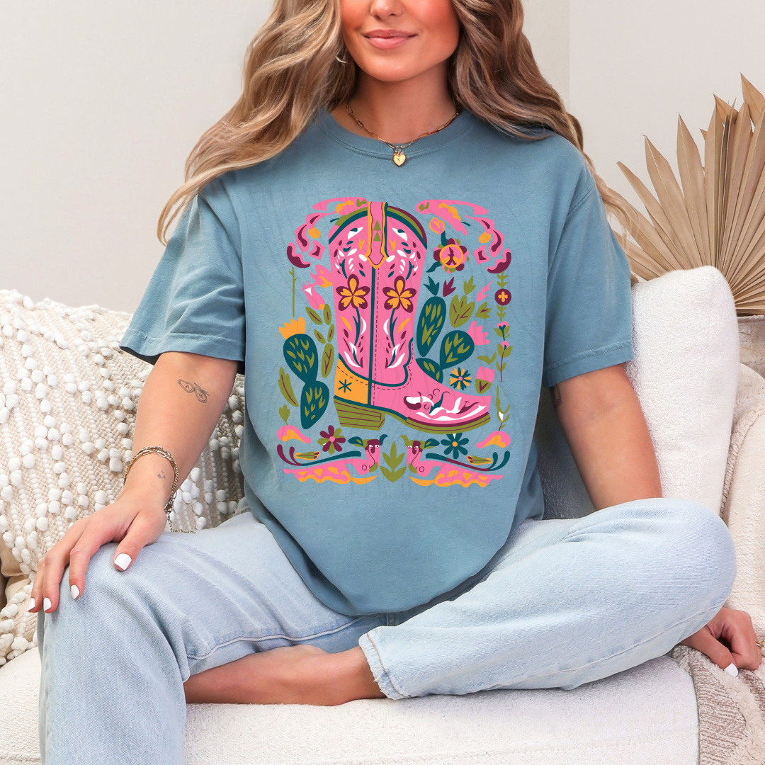 Boho Cowgirl Boots And Floral Transfer