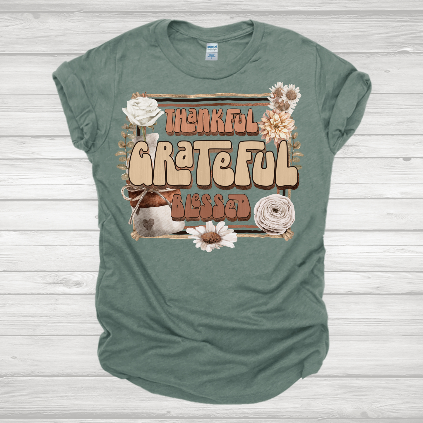 Thankful Grateful Blessed Floral Transfer