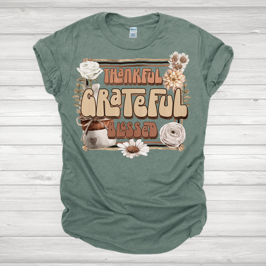 Thankful Grateful Blessed Floral Transfer