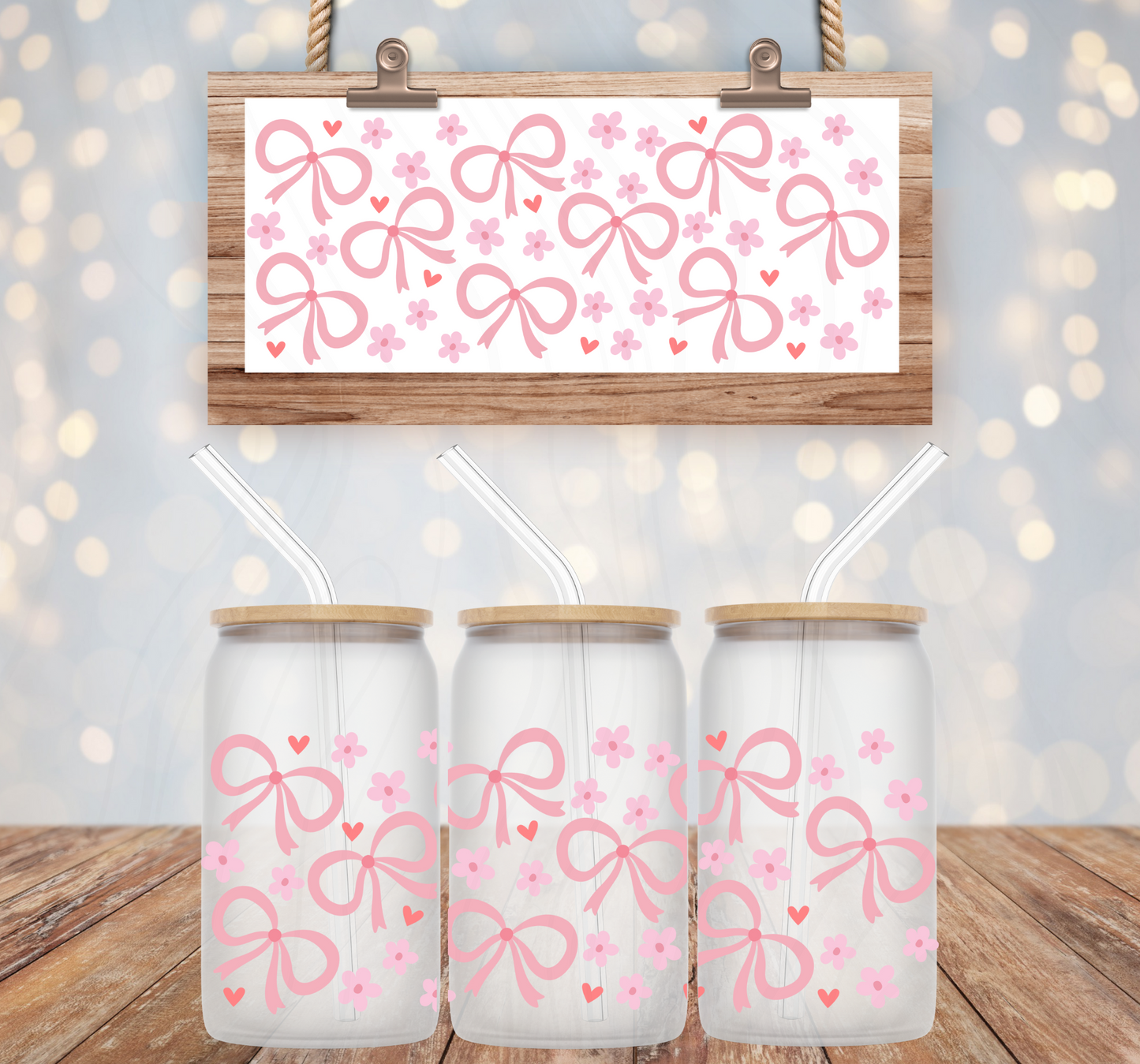 Pink Bows 16oz Libbey Wrap Transfer