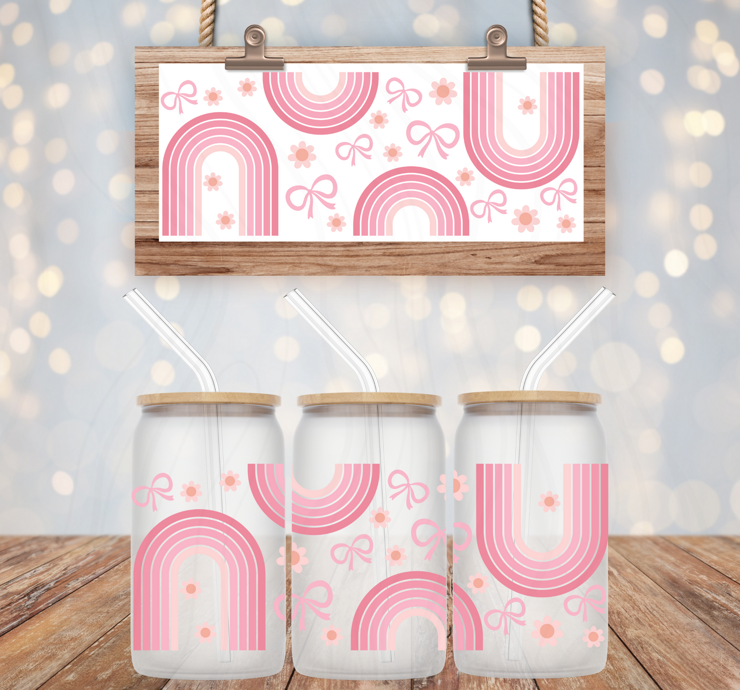 Pink Preppy Rainbows 16oz Libbey Wrap Transfer