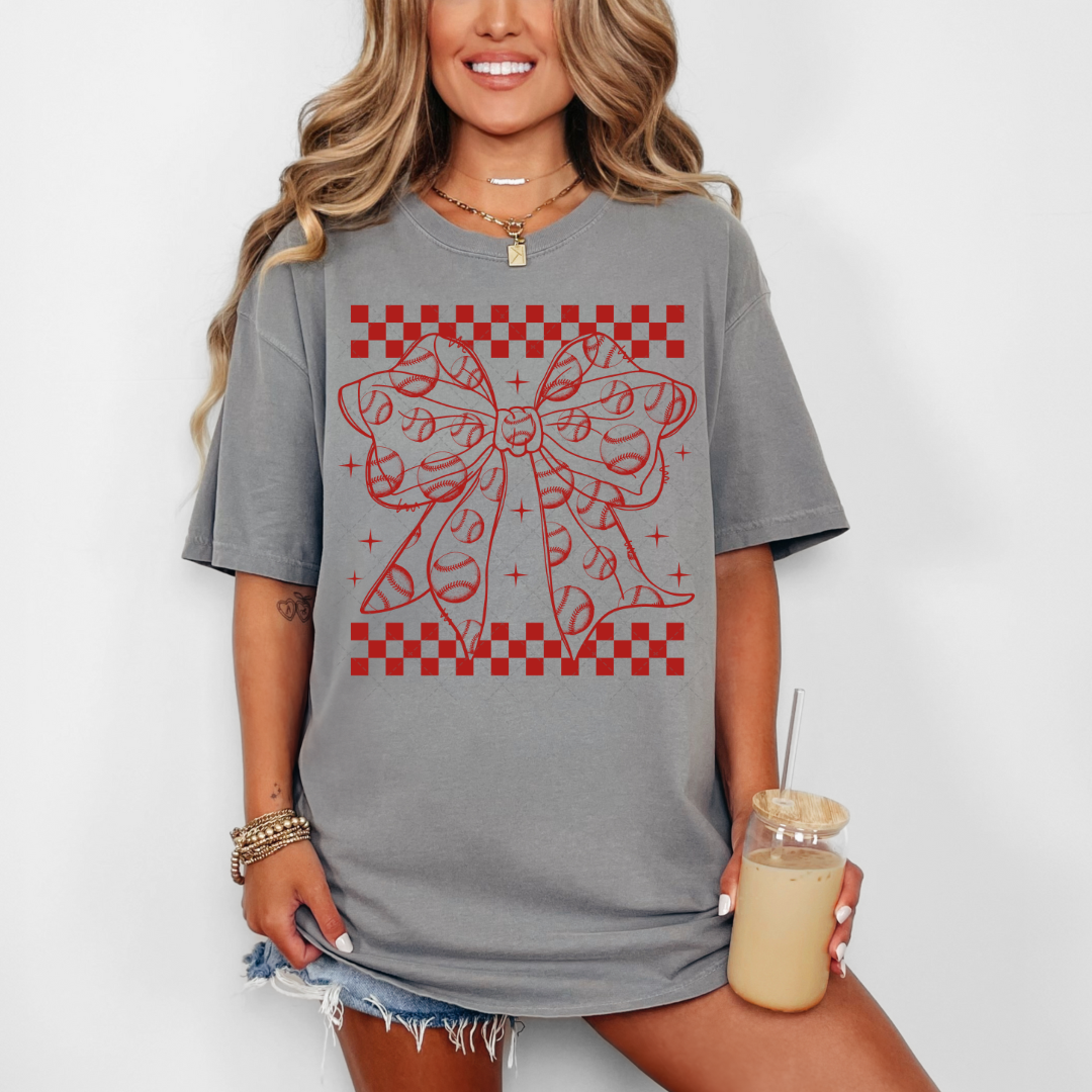 Red Checkered Baseball Bow Transfer