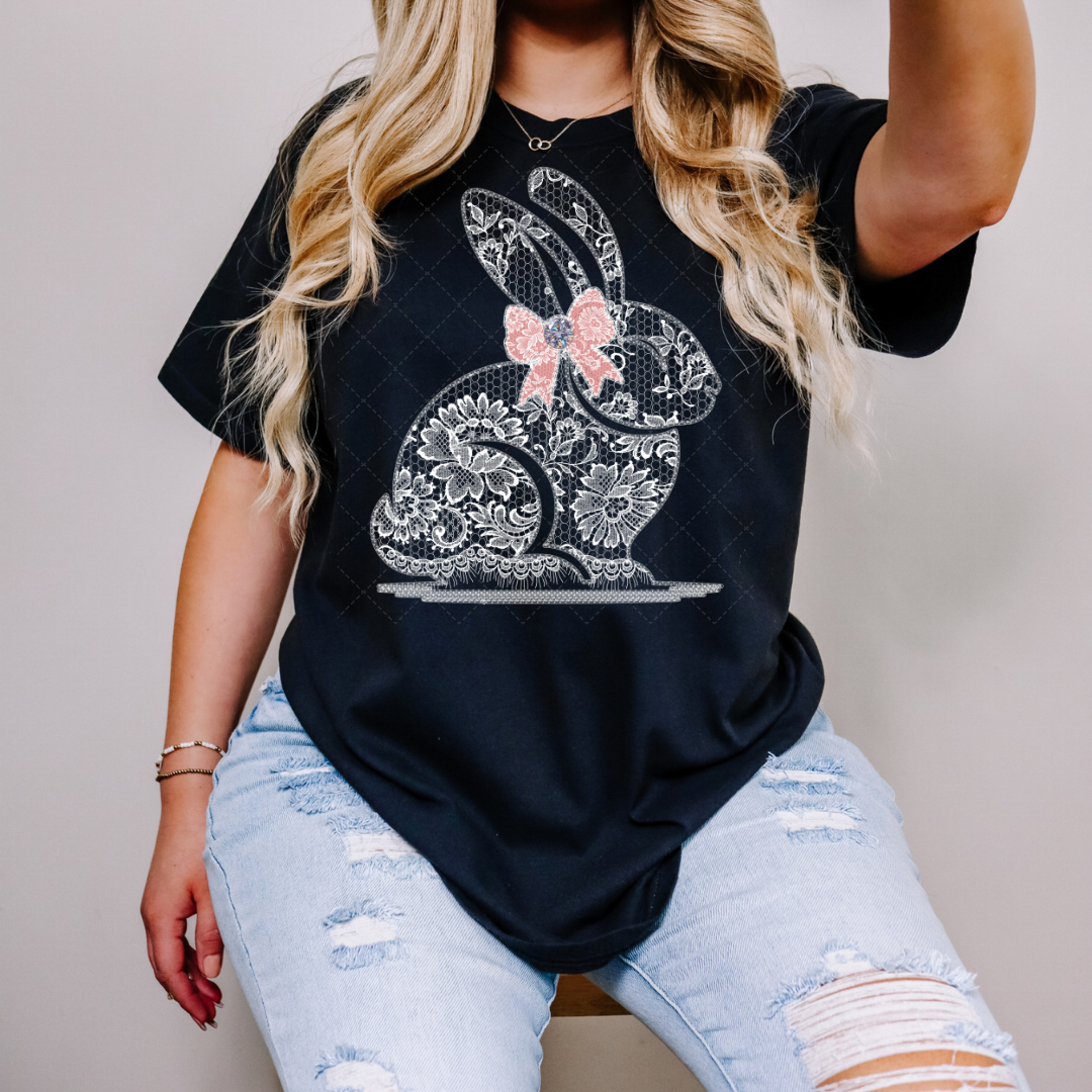 White Lace Bunny Bow Transfer