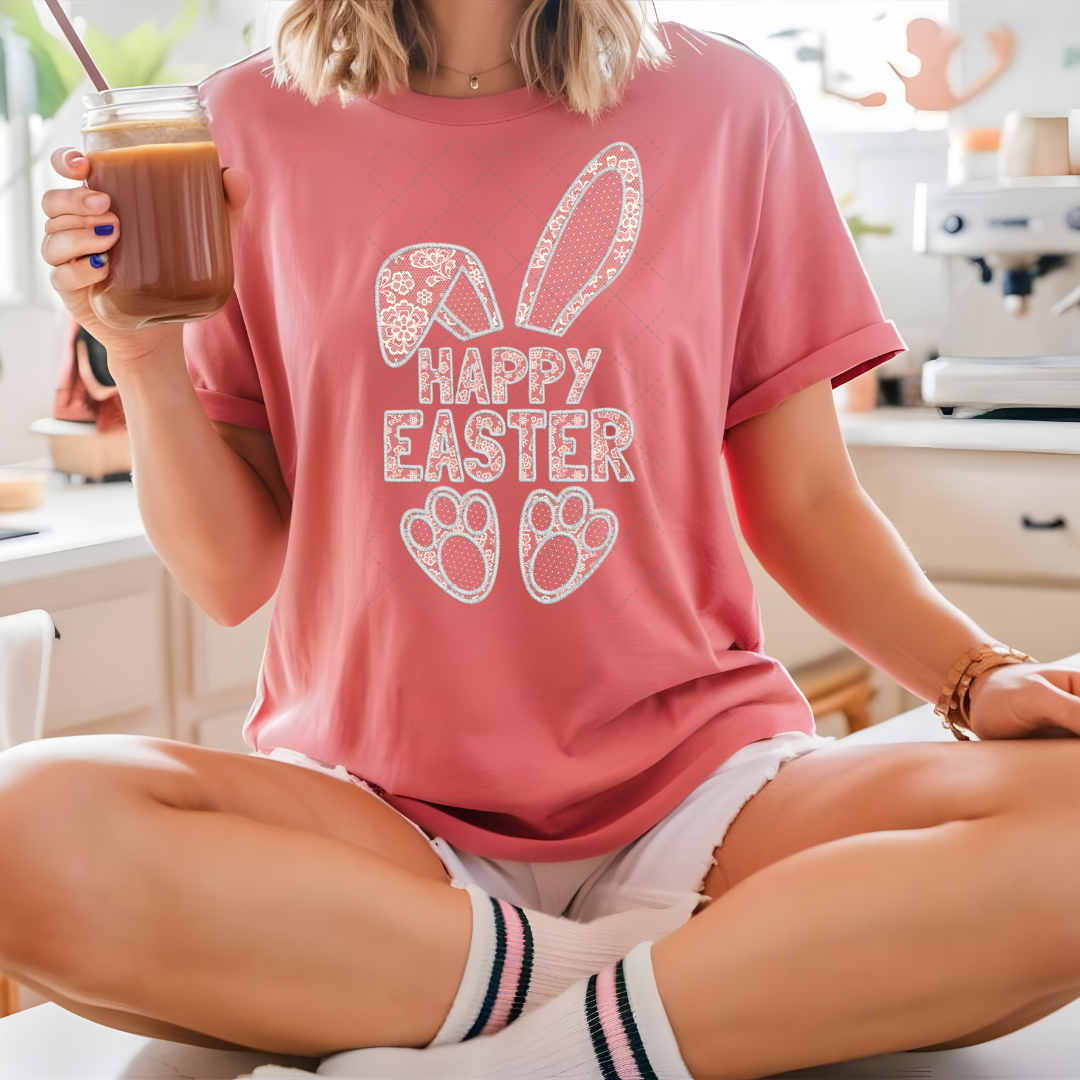 White Lace Happy Easter Bunny Transfer