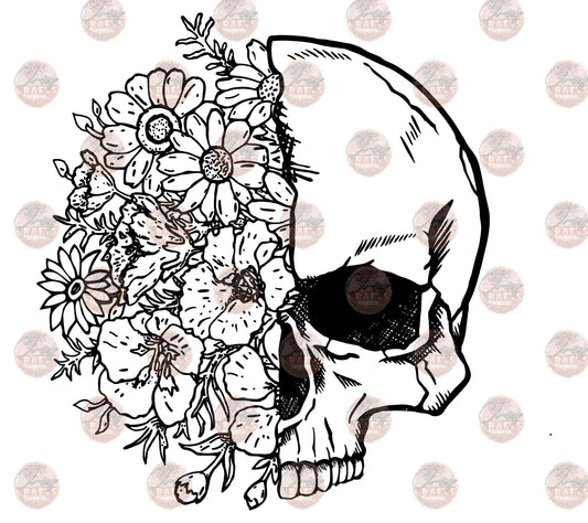 Half Floral Skull B&W Transfer