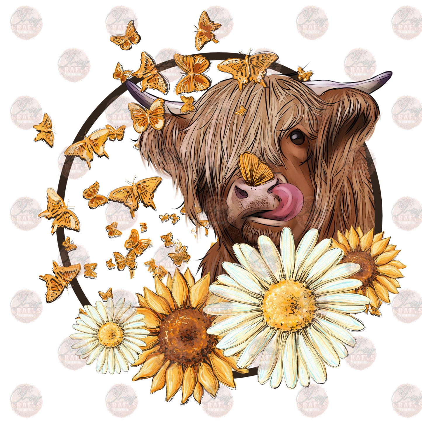 Highland Cow Sunflowers & Butterflies Transfer