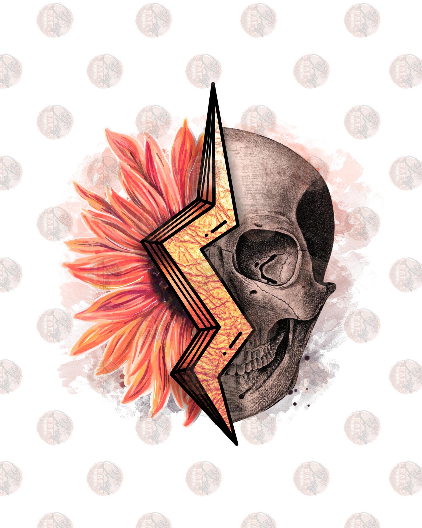 Skull Flower & Bolt Orange & Pink Transfer