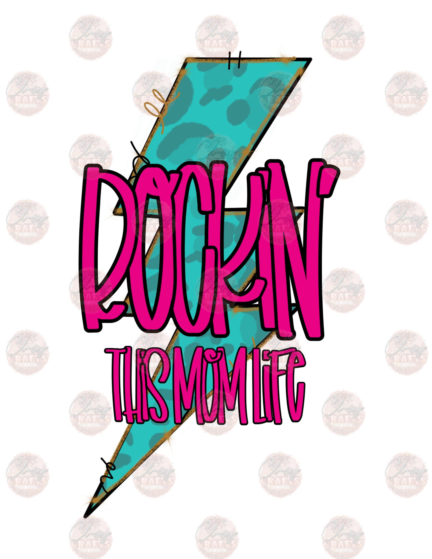 Turq Leopard Bolt-Rockin Mom Life Transfer