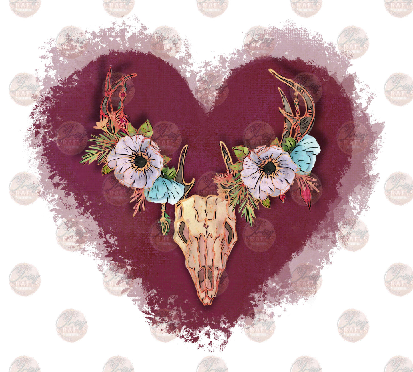 Floral Skull Maroon Transfer