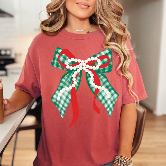 Green And Red Pearl Bow Transfer